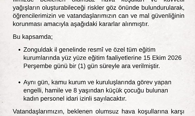 Zonguldak'ta eğitime bir gün ara verildi